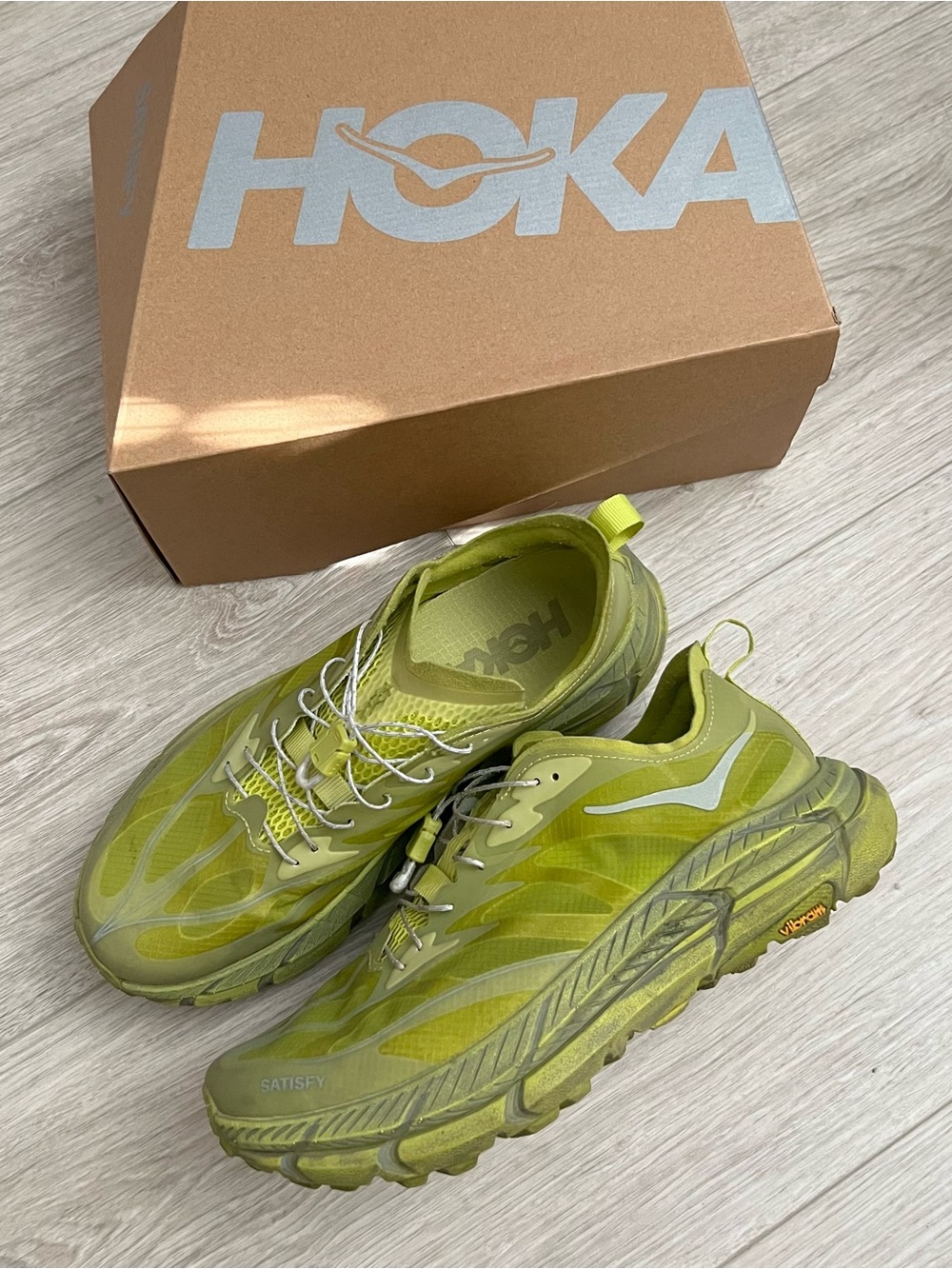 Hoka x Satisfy Running Mafate Trail in Satisfy Sulfur Green